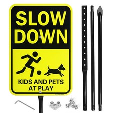 Large Slow Down Kids and Pets at Play Sign with 54 Metal Stake, 17x 12 .040 A...