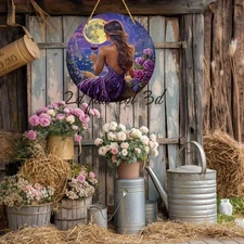 8-Inch Round Aluminum Metal Wall Hanging - Elegant Moonlit Cityscape & Floral D