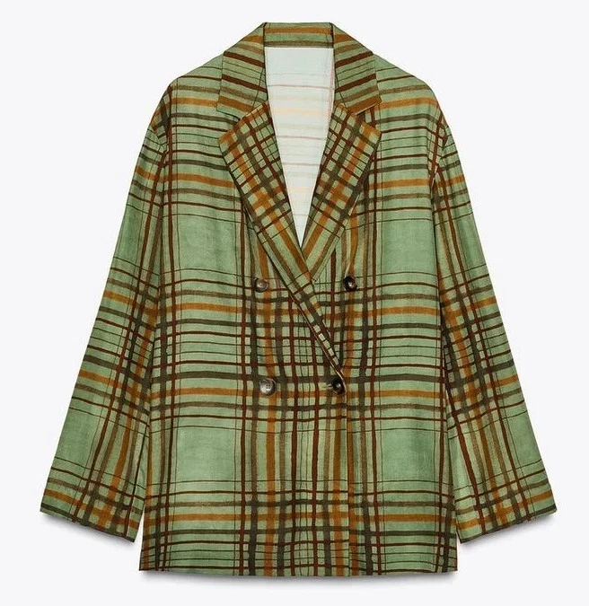 Zara Woman Blazer Doppelreihig ZW Fließender Karomuster Grün 8383/032/500
