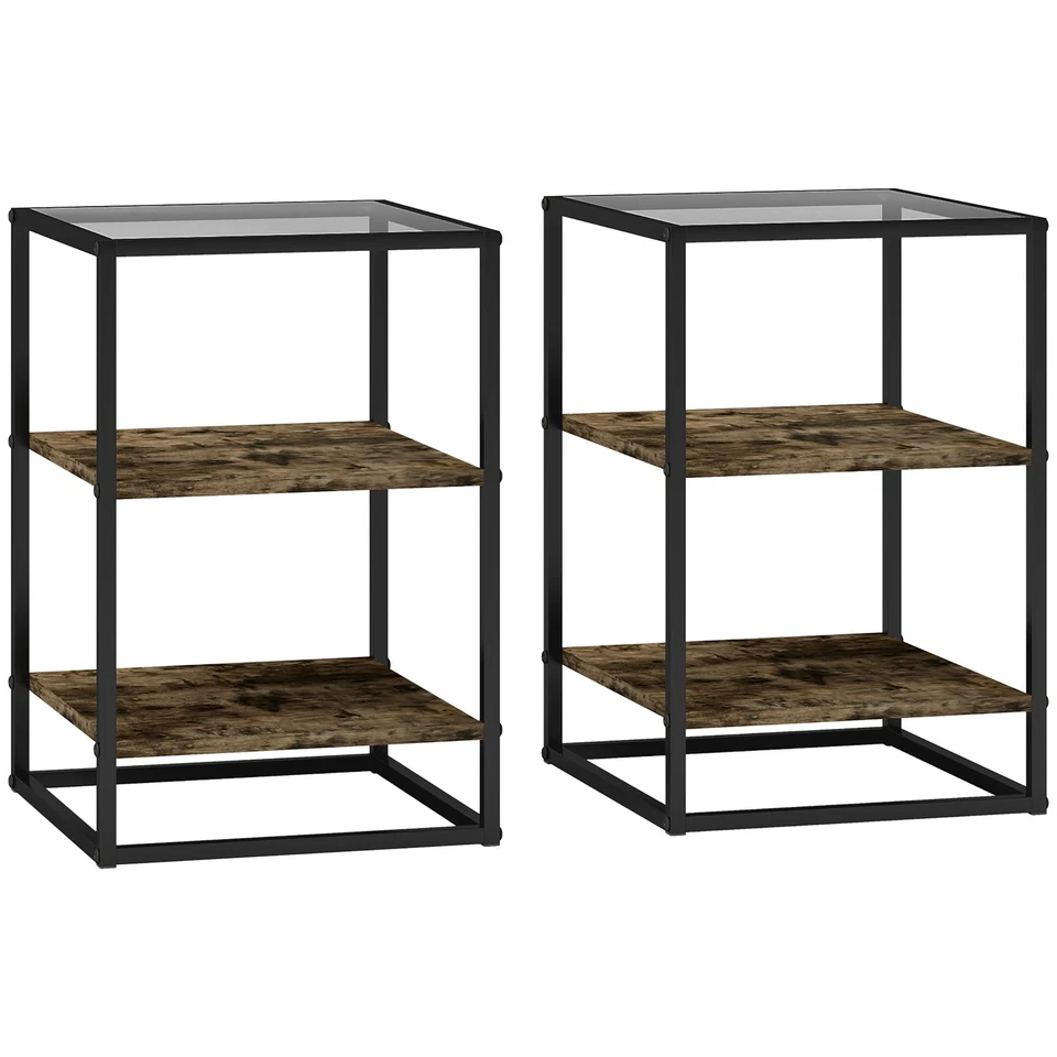 HOMCOM Set 2 Tavolini Bassi da Soggiorno a 3 Livelli con Piano in Vetro Marrone