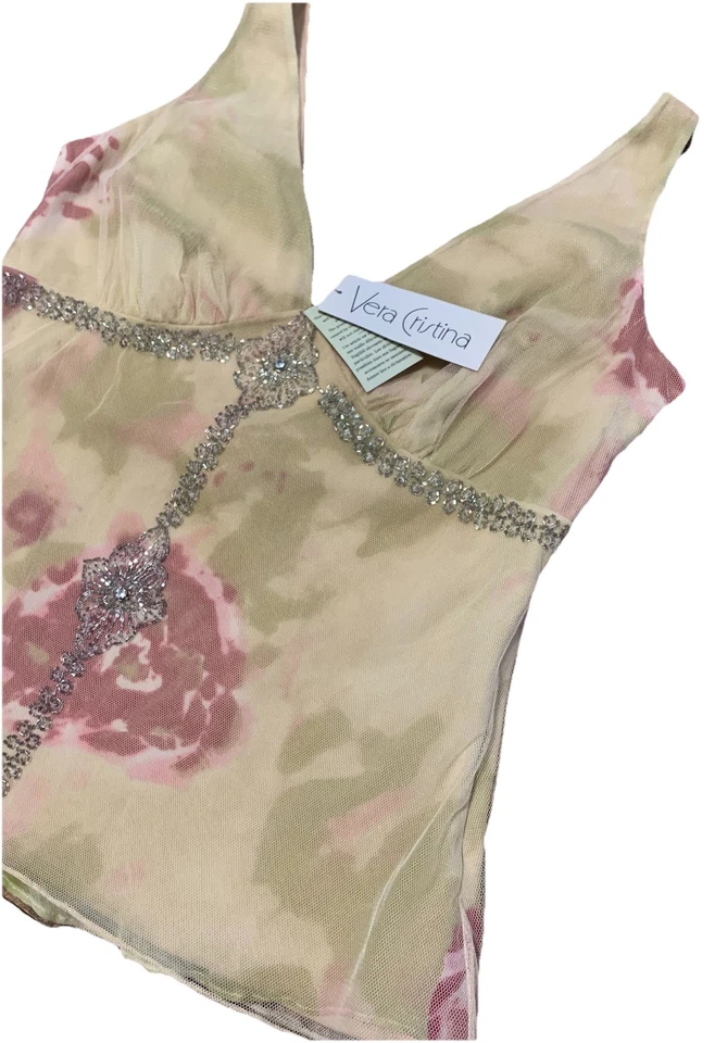 Deadstock Vera Cristina 100% Silk Beaded Womens M Sleeveless Top VTG Y2K 90s - Image 2 of 4
