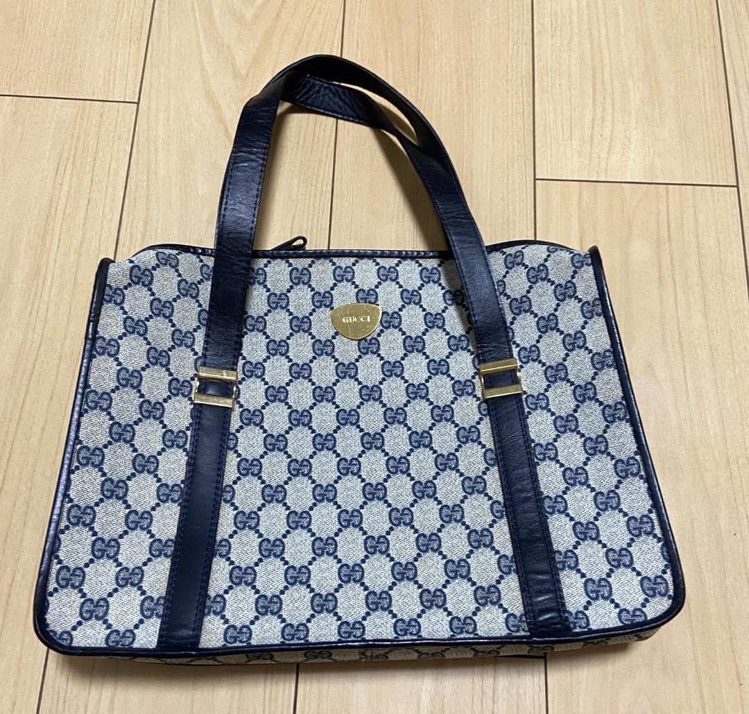 GUCCI Vintage GG Supreme Tote Blue Leather 1970s Rare Gold Triangle Plaque