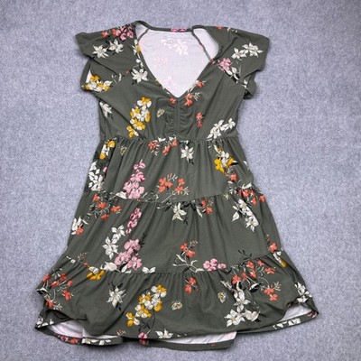 No Boundaries Mini Tiered Dress Womens Large Green Floral Short Sleeve