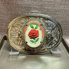 Vintage Elegant 3D Red Rose in Clear Enamel 3.5  Nickel Played Belt Buckle MINT 