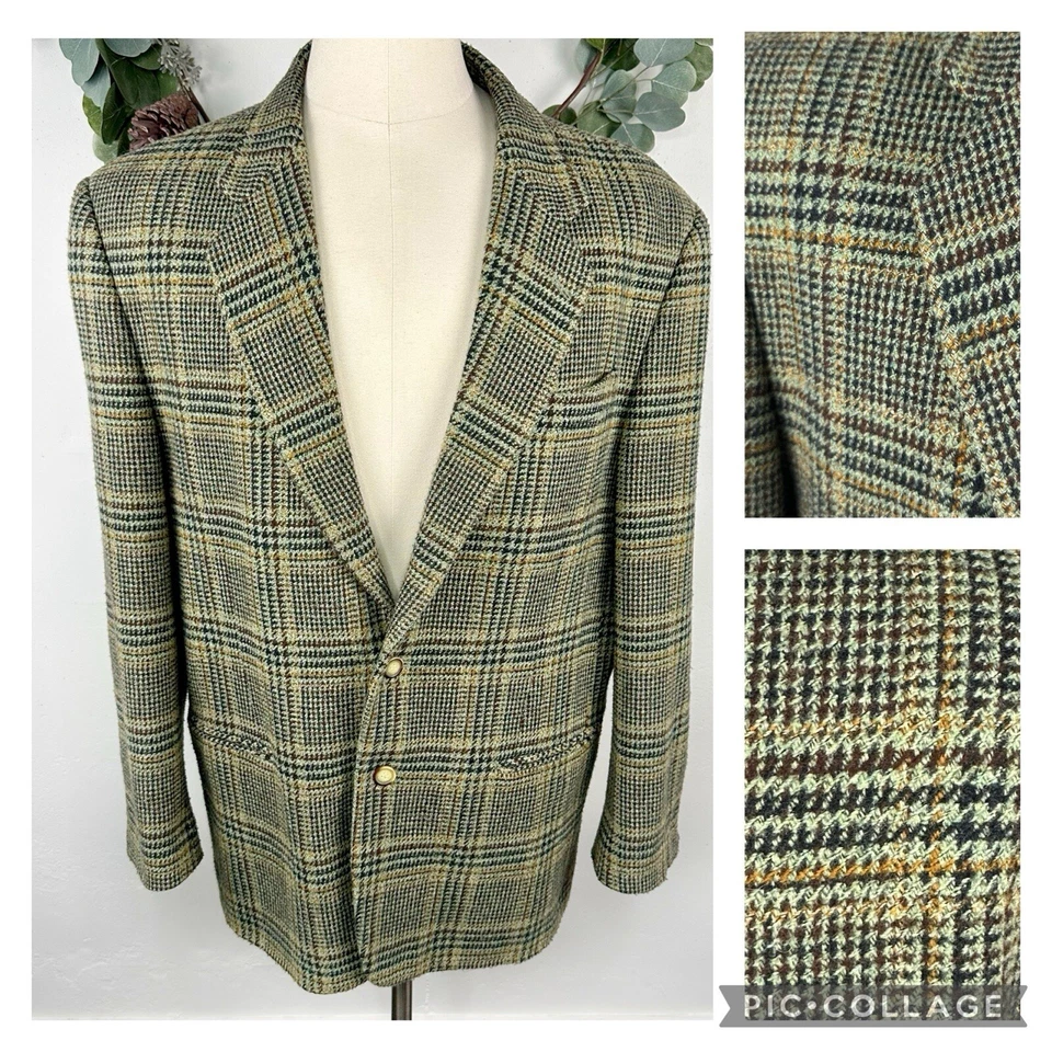Vintage 90s Structure Mens Blazer Jacket XL Wool Plaid Tweed Green Prep Academia - Image 2 of 4