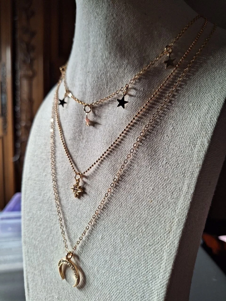 Halskette Multilayer Layer Stern & Mond Halbmond Quaste Himmel Anhänger Gold - Bild 3 von 4