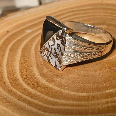 GORGEOUS  BLUE COLORADO DINOSAUR BONE &WASHINGTON STATE BLACK JADE RING