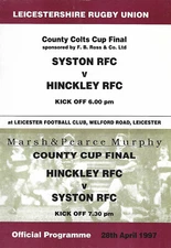 Syston v Hinckley + Colts 28 Apr 1997 RUGBY PROGRAMME