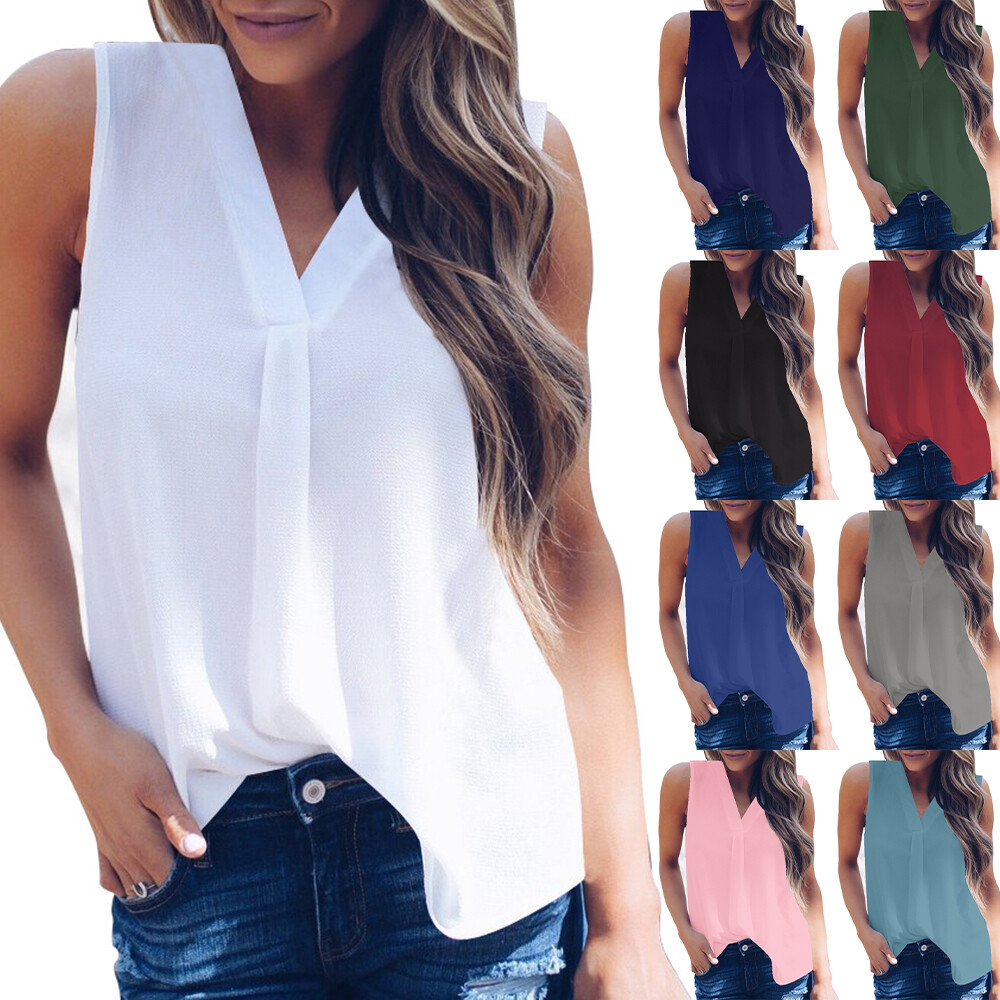Women's Summer Chiffon Sleeveless V-Neck T Shirt OL Blouse Vest Tops Plus  Size | eBay