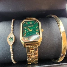 TIME100 Women's Rectangle Watch and Bracelet 3pc Set (4th pc broken)