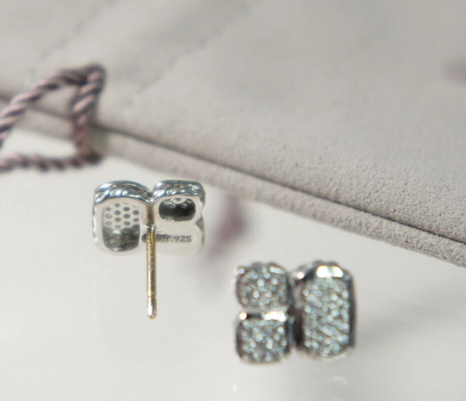 David Yurman 925 Silver 585 Pave Diamond Chiclet Post Stud Earrings DY Pouch - Image 3 of 4