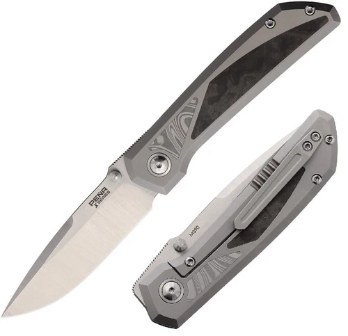 Pena Knives Mula Folding Knife 3.25 M390 Steel Blade Titanium/CF/Damastel Handle