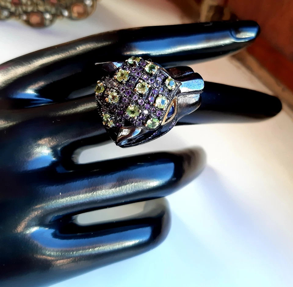 Extravaganter Schwarz Rhodinierter Edelstein Silberring°. - Bild 3 von 4