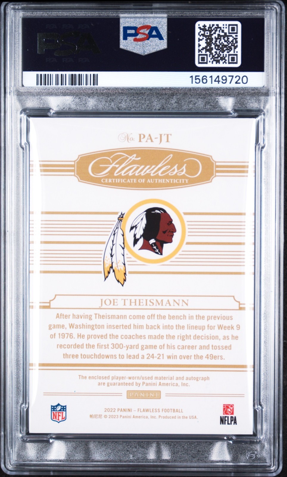 Joe Theismann PSA 9 2022 Panini Flawless /6 On Card Auto Patch Bronze Redskins view 2