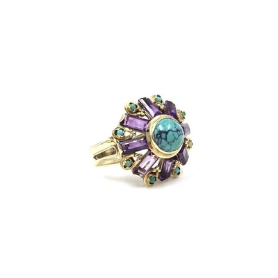 14kt Gelbgold Ring Amethyst Türkis Statement 585 Gold Schmuck 19.7mm / 62 - Bild 1 von 4