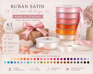 Ruban satin simple face 12 mm x 25 m - Couture, mariage, décoration -60 coloris