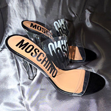 MOSCHINO Women  s Logo Clear PVC Slide Sandals Black/Clear Block Heel US 7