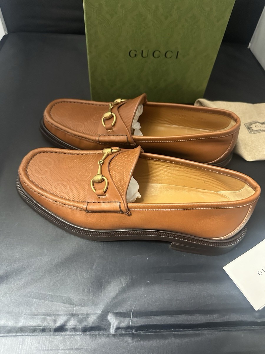 New Gucci Tan Leather and GG Monogram horse Bit Loafers Shoes