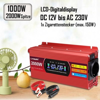 1000W 2000W Wechselrichter DC 12V zu AC 230V USB Spannungswandler Reisen Home