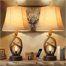 Scenekoy Rustic Farmhouse Antlers Bedside Table Lamp Set of 2 with Nightlight...