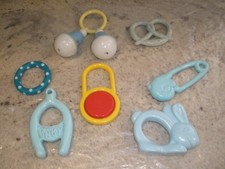 LOT OF 7 VINTAGE BABY RATTLES AND TOYS