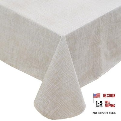 Heavy Duty Vinyl Tablecloth with Flannel 52'' x 70'' (Rectangular) Beige Striped