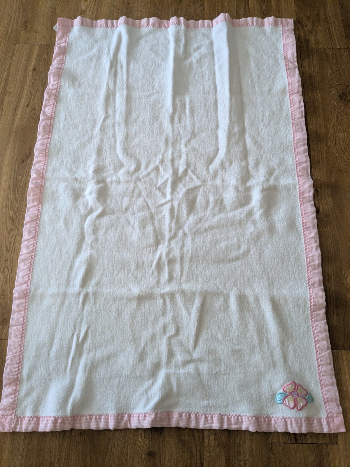 Vintage Acrylic Baby Blanket Pink Gingham Trim And Flower Cuddle Time 