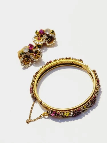 Vtg Miriam Haskell Pink Green Rhinestone Gold Tone Earrings Bracelet Set READ