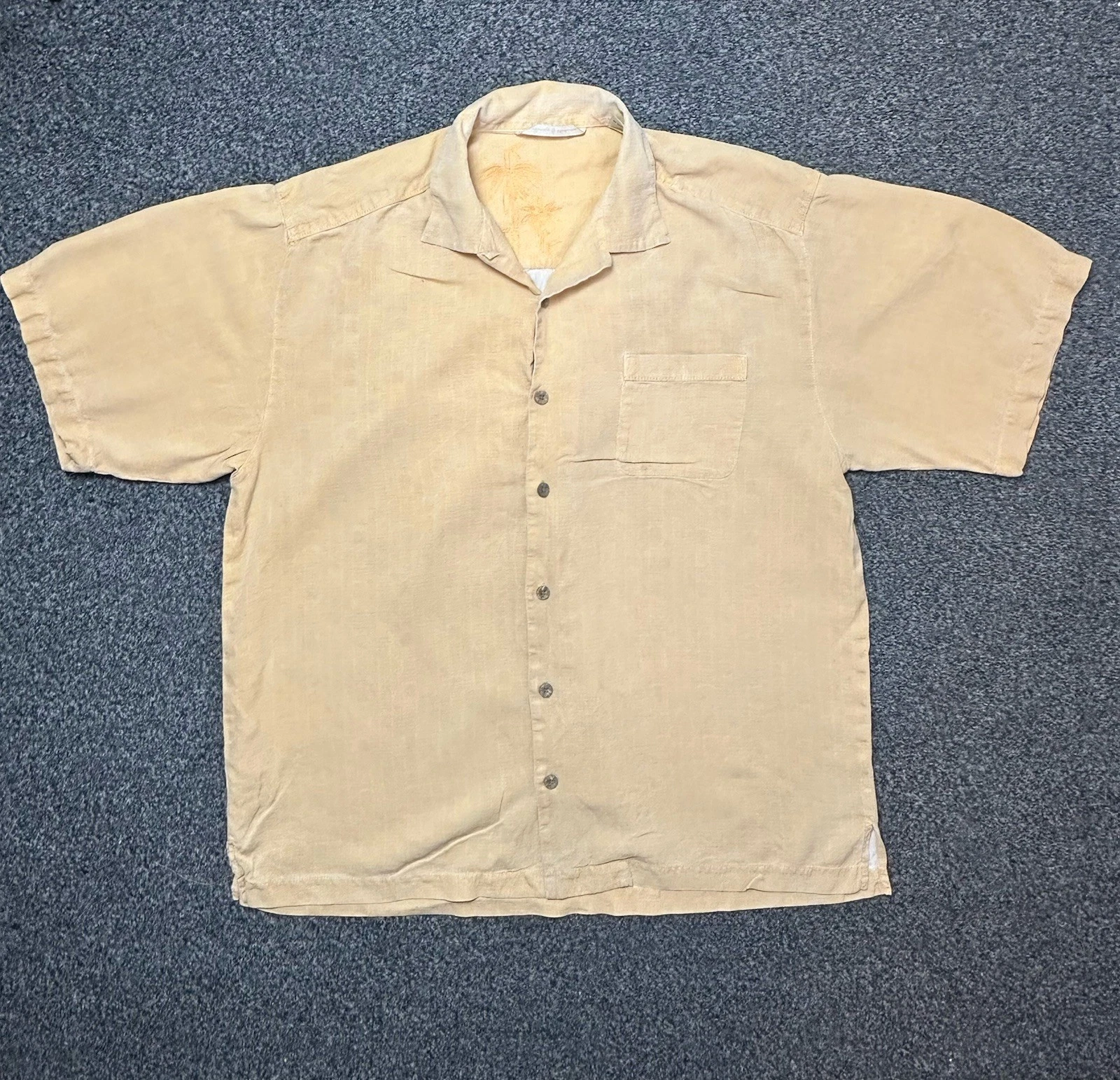 Tommy Bahama 100% Silk Hawaiian Shirt Mens L Beige Camp Collar Tropical Aloha