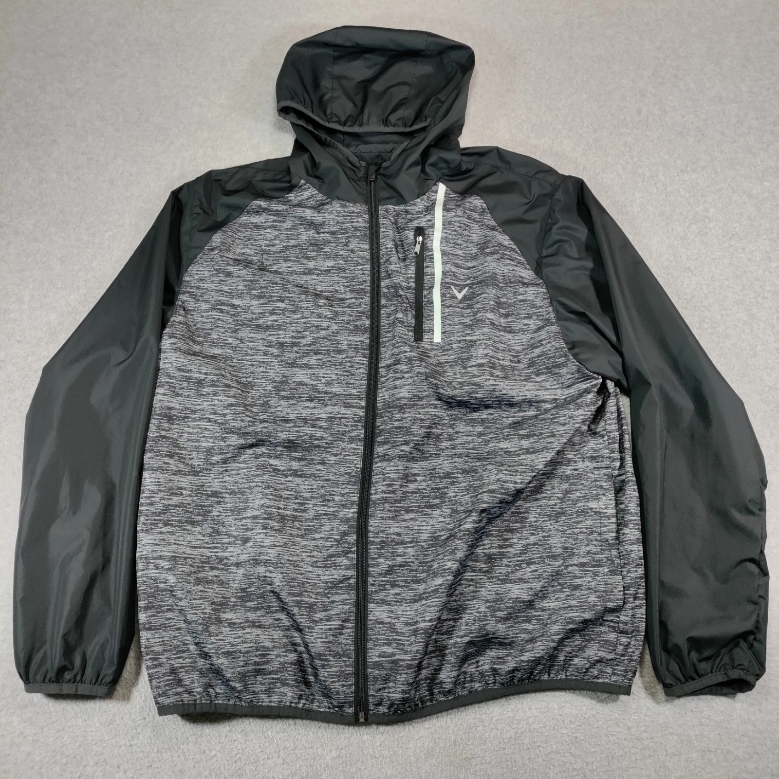 Callaway Mens XL Hooded Full Zip Windbreaker Jacket Black Gray Heather Mesh Line