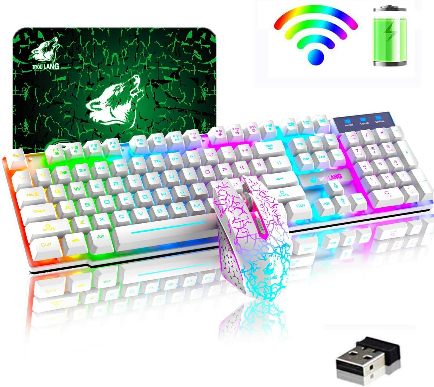 US Wireless Rainbow Backlit Gaming Keyboard Mouse Set 4000mAh Battery For  PC PS4