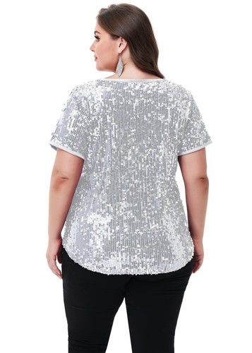 Women's Sequin Tops Plus Size Round Neck Sparkle Glitter Short Sleeve Blouse - Picture 24 of 32
