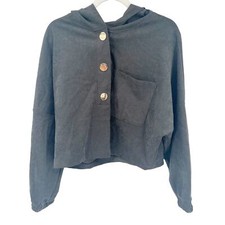 Zara Womens Lounge Gold Half Snap Oversized Boxy Cropped Hoodie Size L Gray