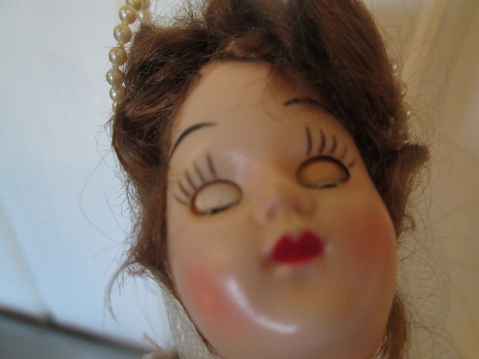 Vintage Tin Base Music Box bride Doll Satin Faux Pearls Story Book