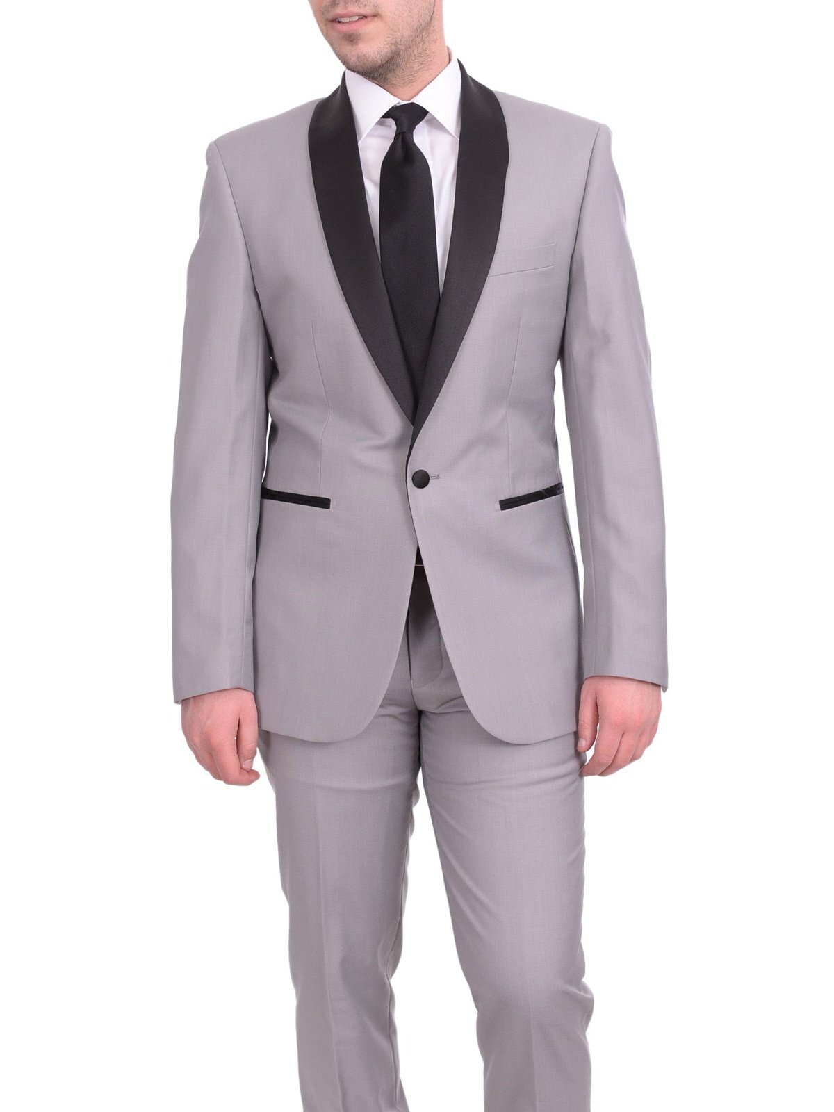Приталенный однотонный Серый Костюм-смокинг на одной Пуговице от Джино Витале с атласными лацканами-шалями 28790₽
