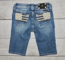 MISS ME BERMUDA Girls Sz 12 Denim Leather Rhinestone Stud USA Flag Jean Shorts