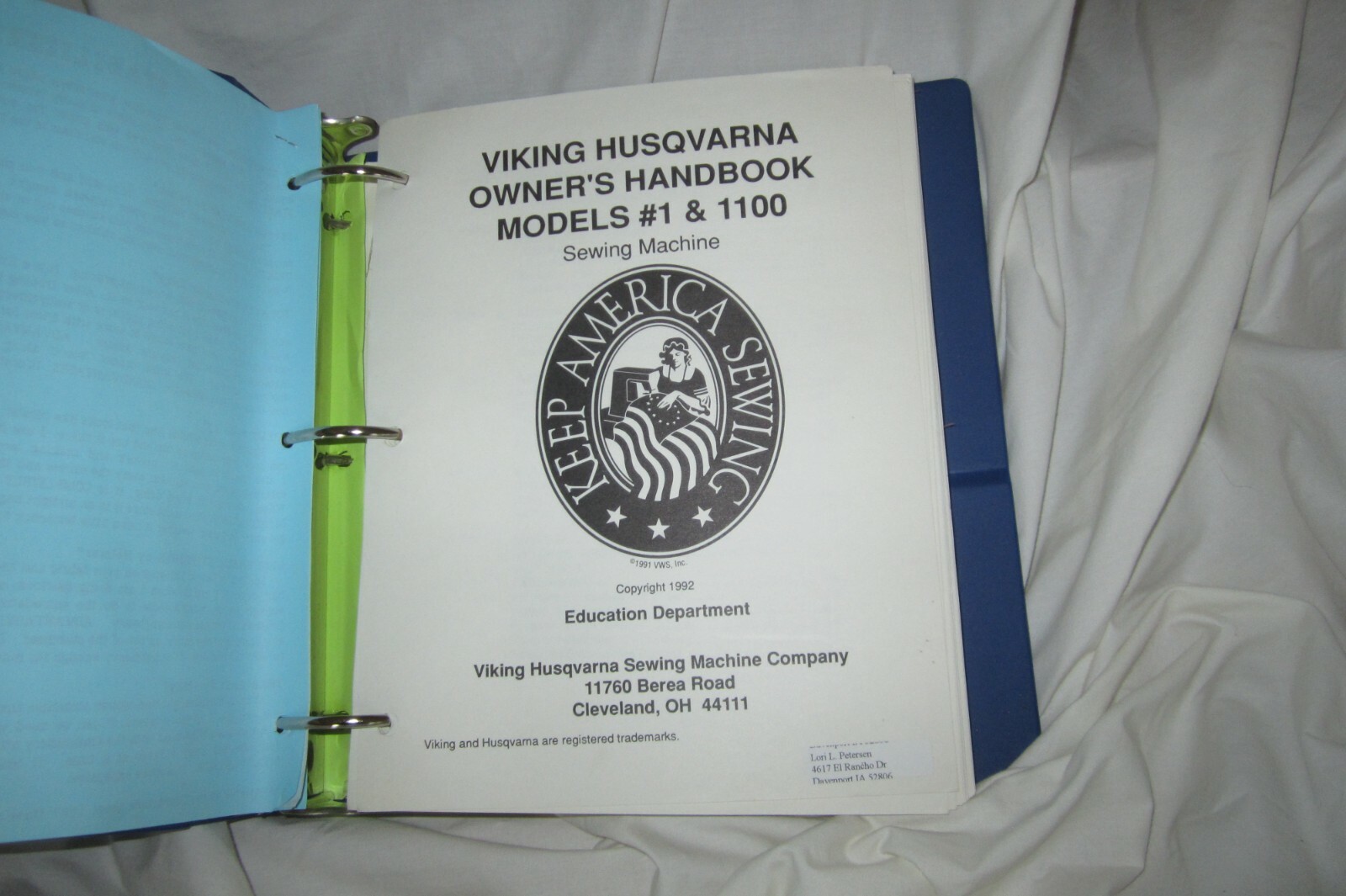 Viking Husqvarna 1/1100 Sewing Machine Owners Handbook Binder w
