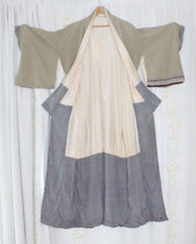 Vintage Boho Handmade Japanese Kimono Full Length Robe Tan Geometric One Size