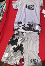 Official NBA Basketball Boys 2 Piece Set Shirt/Shorts Size 5/6 Gray/ Black Camo