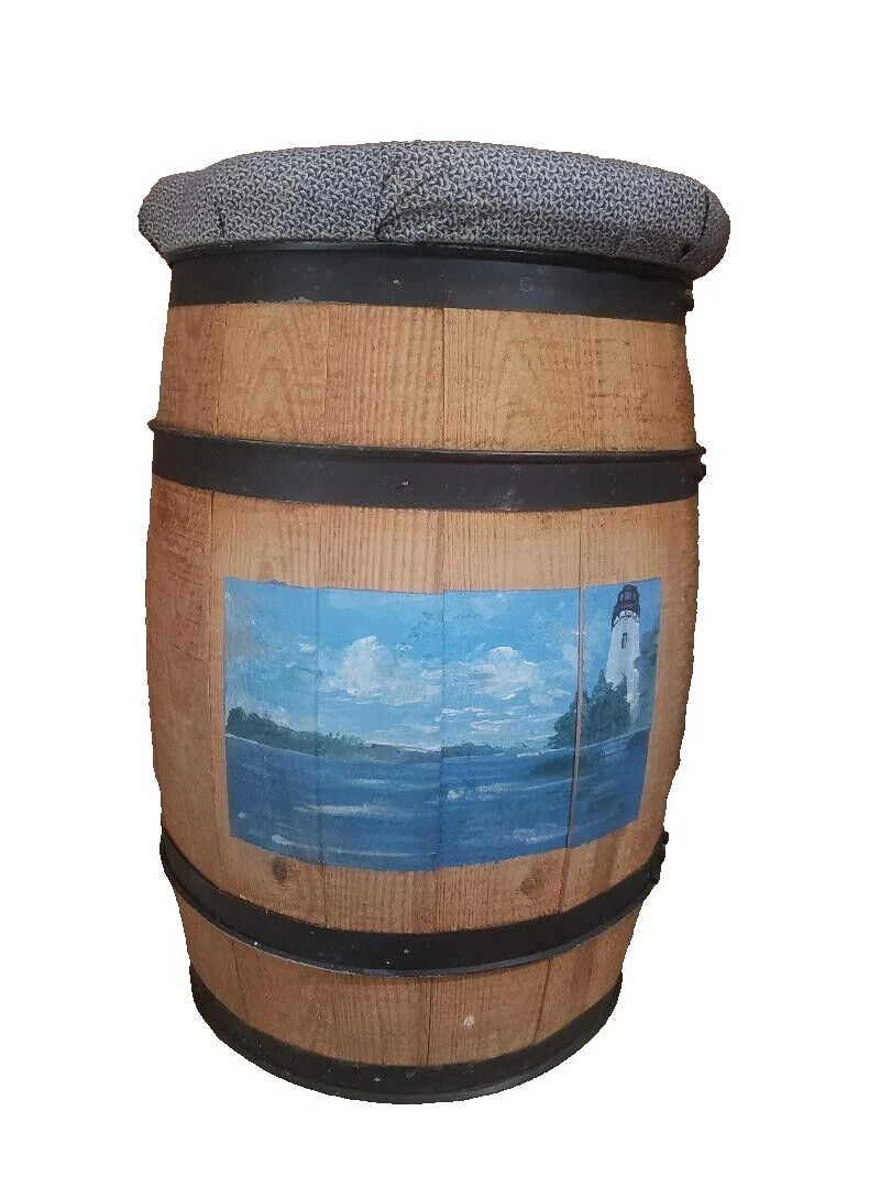 VINTAGE WOODEN BARREL METAL BANDED KEG BARREL WITH CUSHION SEAT