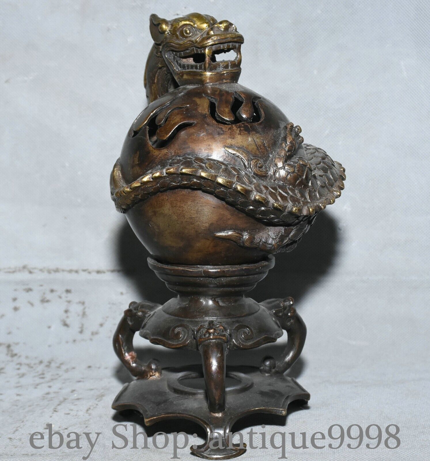 9.4'' Old Dynasty Bronze Fengshui Dragon Loong Animal Incense Burner Censer