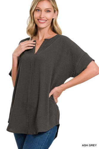 Zenana Woven Airflow Split Neck Short Sleeve Top