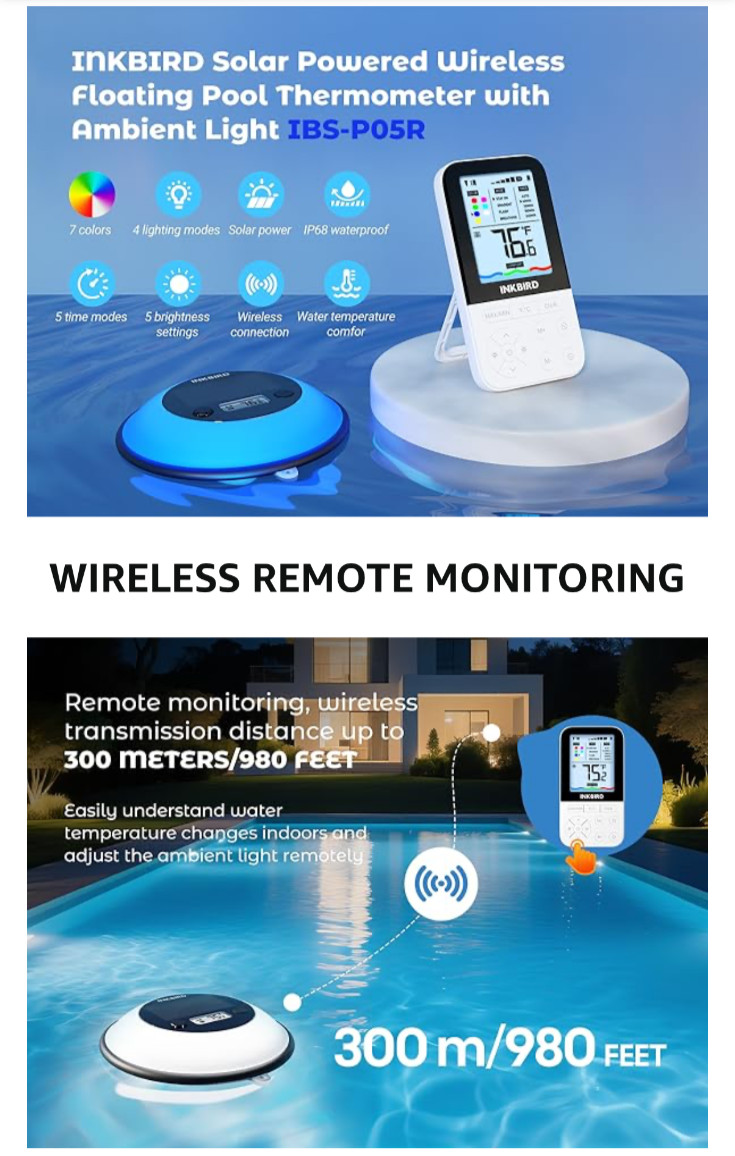 INKBIRD IBS-P05R Solar Powered Wireless Pool Thermometer with Ambient Light | Di
