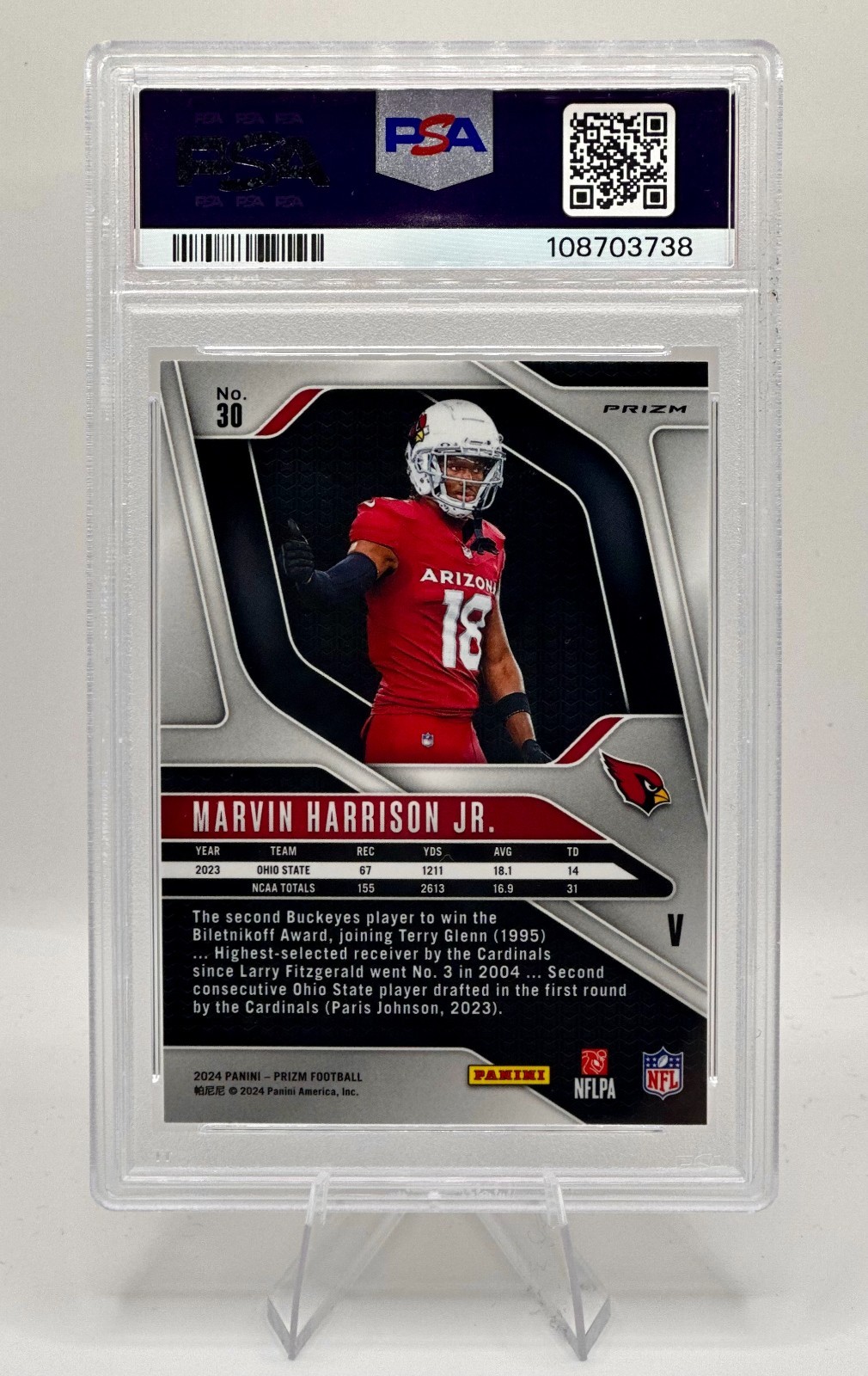 2024 Panini Prizm Marvin Harrison Jr RC Rookie Variation #30 PSA 9 Cardinals view 2
