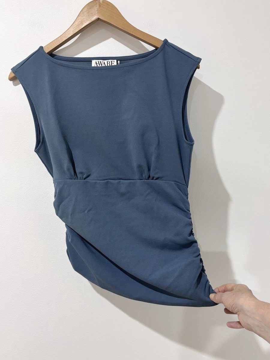 Vero Moda Aware top NWT womens Size M blue ruched gathered boat neck sleeveless