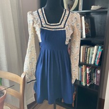 Vintage 60s 70s Navy Floral Mini Apron Dress XS S Cottagecore Retro Rockabilly