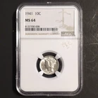 1941 Mercury Dime 10C Silver 0.900 NGC MS64 Business Strike Philadelphia