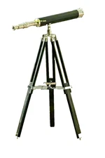 Antique Nautical Floor Standing Brass 18 Inch Telescope With Wooden Tripod Stand