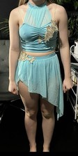 Blue Women's Dance Outfit with Halter Top, Asymmetrical Skirt, Gold Appliqu
