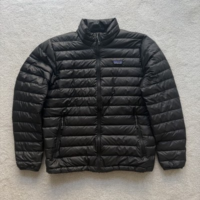 Patagonia Jacket Men's Down Sweater Puffer Large Black Full Zip Logo on Sleeve